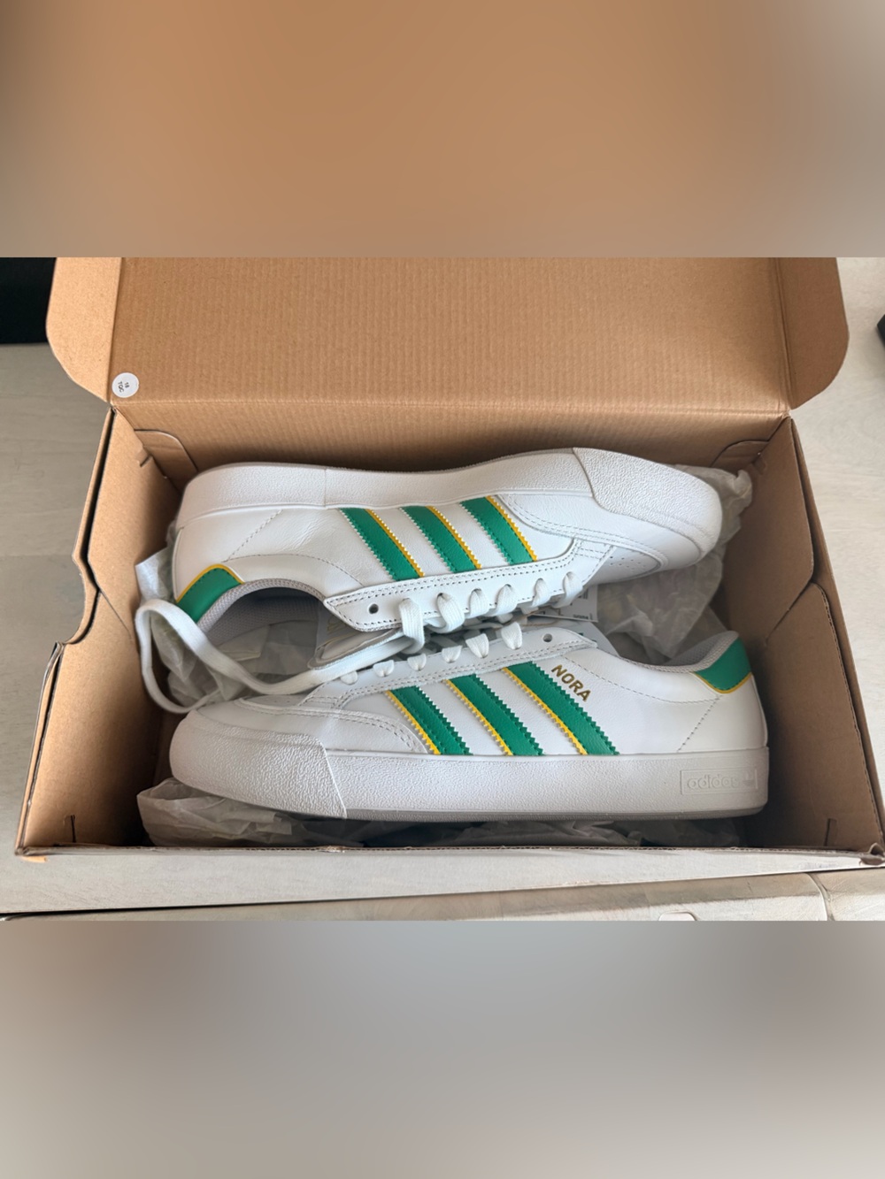 Adidas Nora Sneakers in White with Green and Yellow Stripes - Women